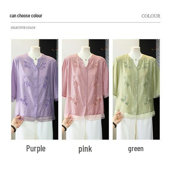 Summer 2026 Women's Artistic Embroidery V-Neck Patchwork Shirt