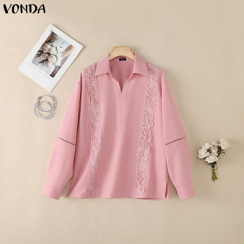 VONDA Women Casual Lapel Neck Crochet Lace Splice Long Sleeve Blouse Shirts