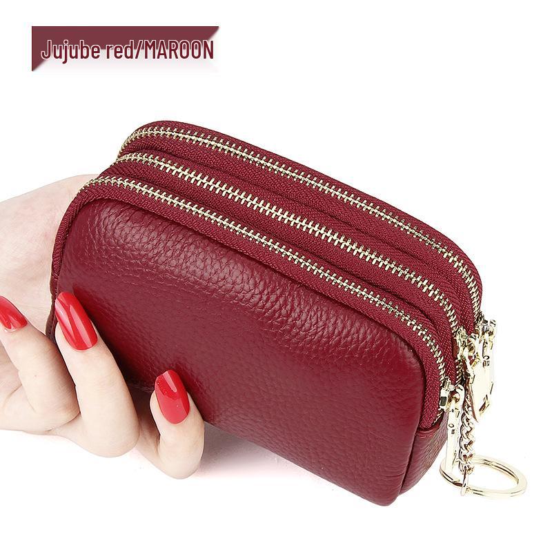 Europäische & Amerikanische Echtes Leder Mini Clutch: Einfache Mode Drei-Reißverschluss Münz- & Schlüsseltasche