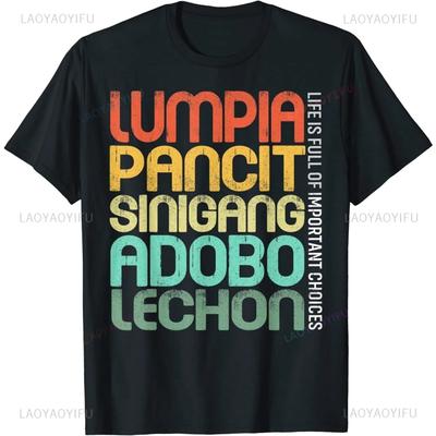 Funny Graphic Printed Filipino Philippine Food Lumpia Pancit Sinigang Adobo Lechon T-Shirt Fashion Hip Hop Casual Loose Man Tees