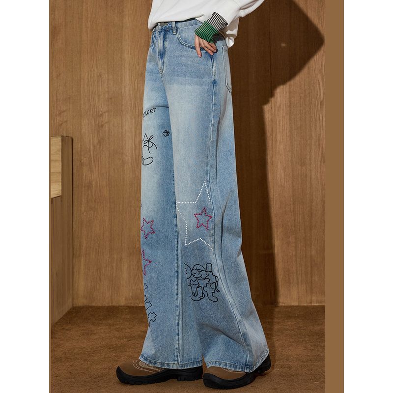 Coolhut High-Waisted Straight-Leg Jeans Retro Style Women's Slimming Wide-Leg Washed Graffiti