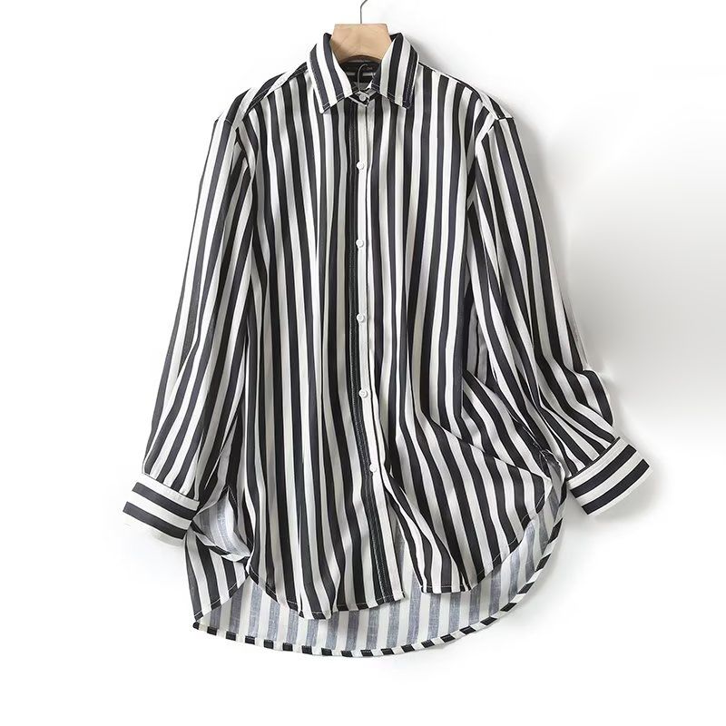 

MD Women clothes Early Autumn New Idle Style Fashion Ol Style Loose French style Stripe Long sleeve Shirts 05107704250 White L