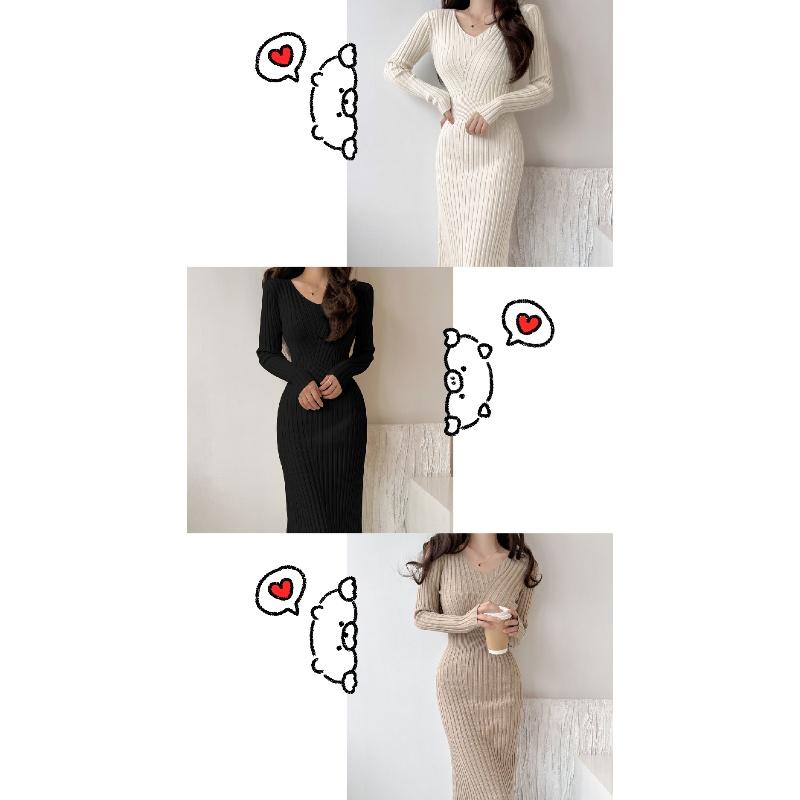 Autumn Vintage V-neck Waist Design Slim-fitting and Thin Hip Skirt Long-sleeved Women's Knitted Dress