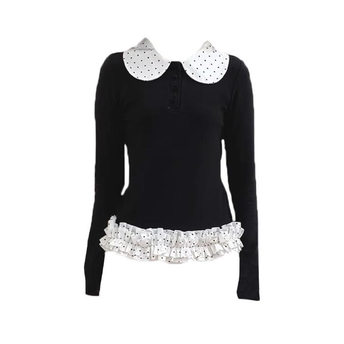 Korean Style Patchwork Polka Dot Lace Long Sleeve Top for Women - Autumn/Winter Trendy Base Layer Medium чёрный