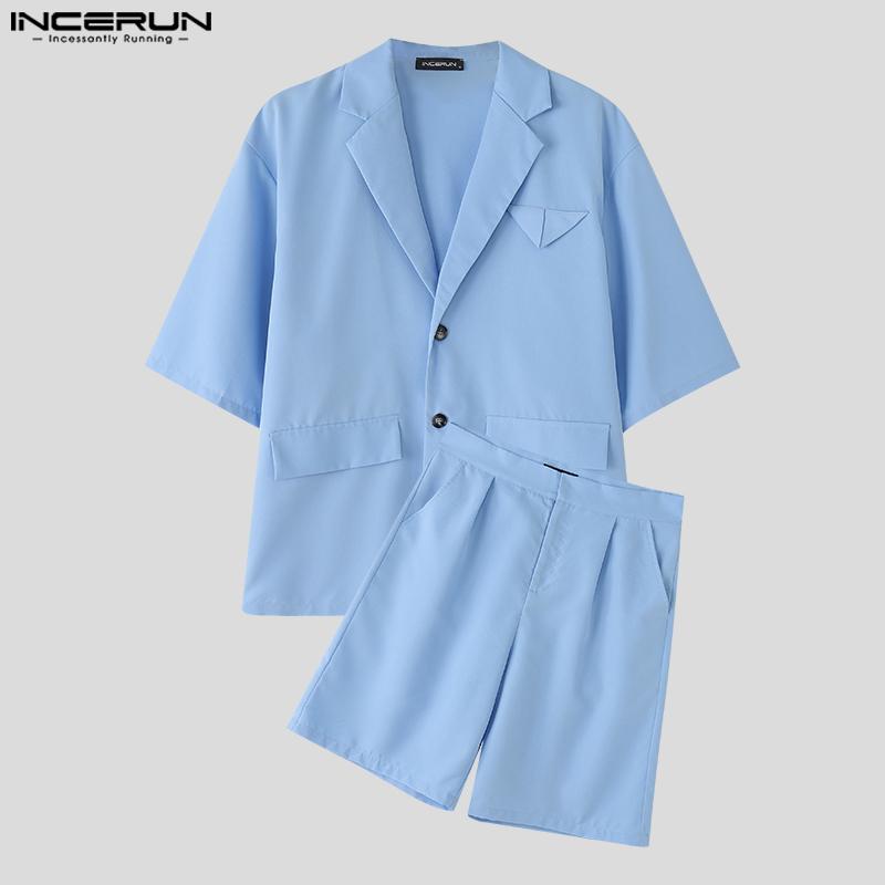 INCERUN Two Piece Suit Men Short Sleeve Shirts Zip-up Half Pants Outfits Sets
