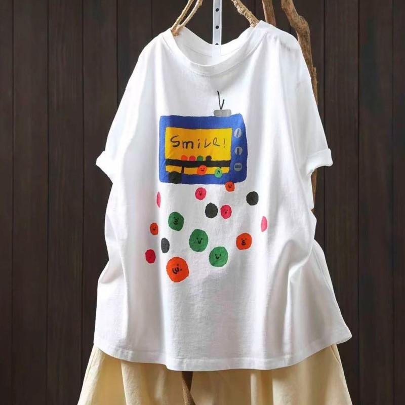 Johnature Women Vintage Print O-Neck Short Sleeve Summer Loose Casual Female T-Shirts