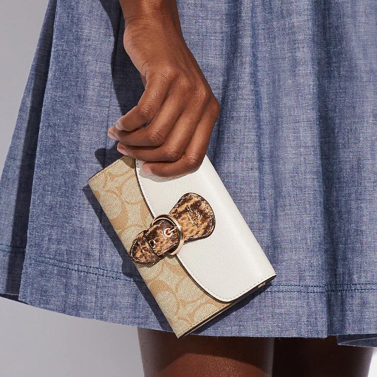 New COACH Pebbled Snakeskin Print Leather With Canvas Accents Clutches Wallets Women's Ivory Khaki CA440-IMOTV