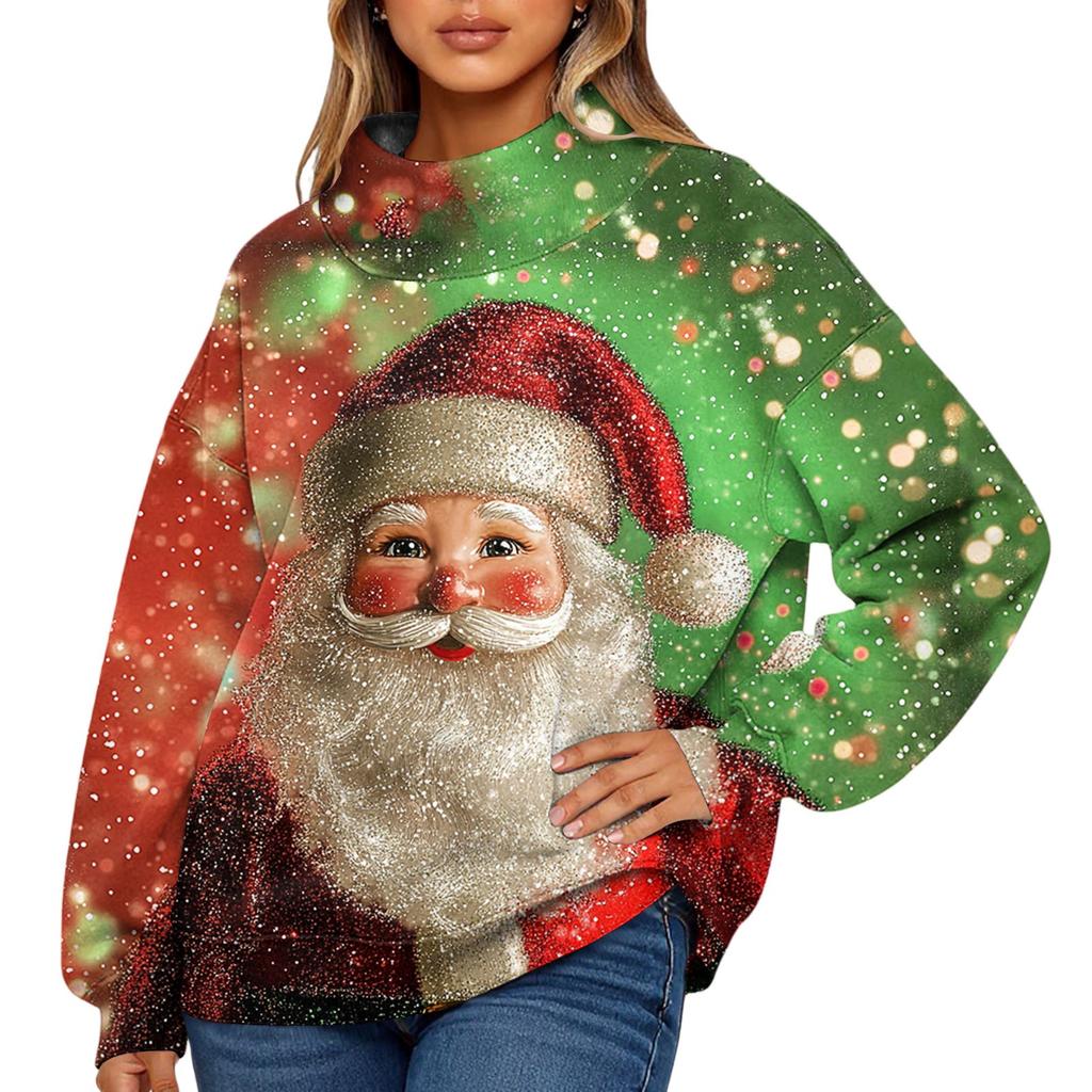 Ladies' Fashionable Christmas Printed Long Sleeved High Neck Sweatshirt Top