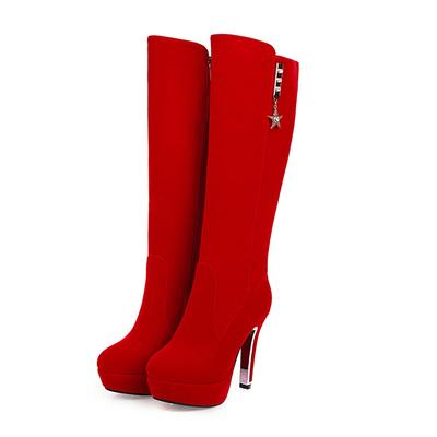 Damen High Boots 2024 Winterschuhe Flock Schwarz Rot Plateau Hoher Kniestiefel Große Größe 48 Lang Party Fetisch Schuhe