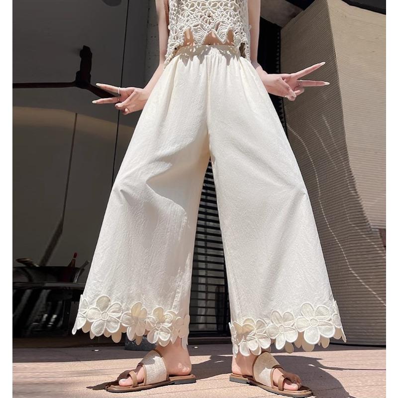 

Summer Lightweight Floral Patchwork Wide Leg Pants Women Soft Feel and Petite Casual Style XS