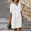 Women Summer Dress Mid Sleeves V-neck Solid Color Loose Pullover Daily Wear Flower Print Casual Lady Midi Dress Female Clothes
