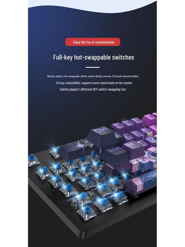 E-sports Blue Switch Wired Mechanical Keyboard, 104-Key PBT Design for Girls & Office Customization