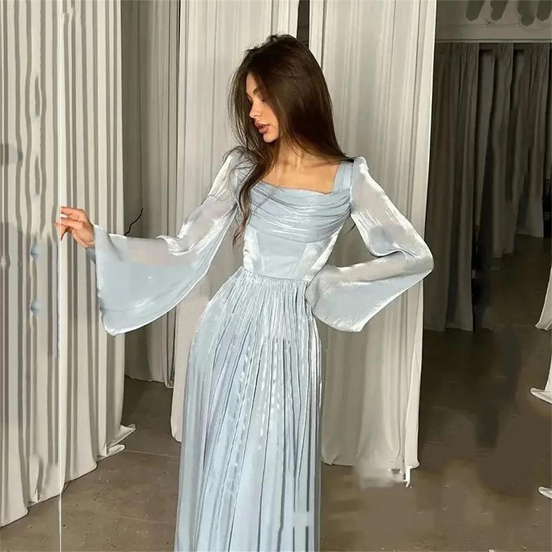 Vestido plisado de cintura alta con cuello cuadrado para mujer, elegante, estilo retro, corte, manga larga, primavera y verano 2025