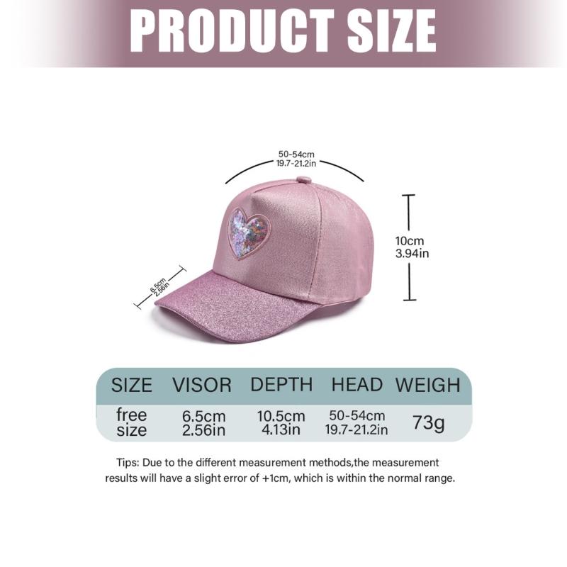 Childrens Adjustable Baseball Hat Glittering Heart Pattern Soft Polyester Fabric For Outdoor Activity And School