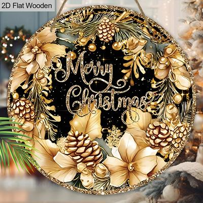 Semn din lemn de Crăciun Fericit cu model auriu de con de pin - Semn rotund Navidad pentru decor exterior casă curte