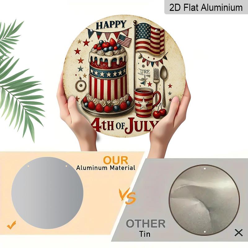 2D Flat, 1pc Round Aluminum Hanging Sign, Happy 4th Of July Patriotic Cake & American Flag Design, Vintage Independence Day Wall Decor, Perfect for