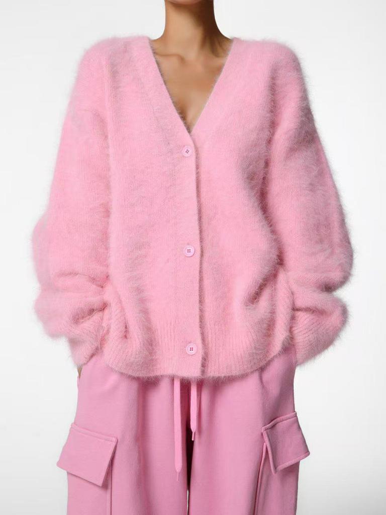 2024 Mink Hair V-Neck Cardigan: Loose Fit, Long Sleeve Sweater for Autumn/Winter Women