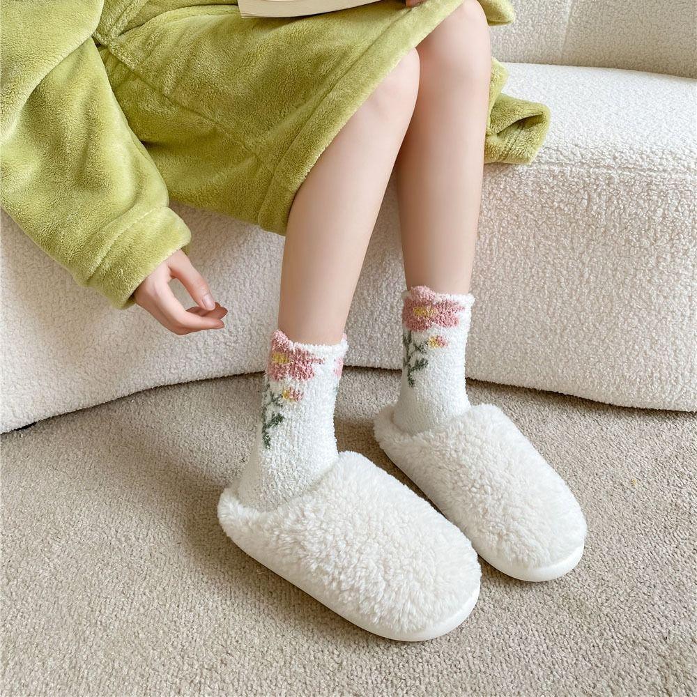 6Pairs Winter Floor Plush Socks Flower Warm Socks Women Comfortable Coral Fleece Socks  Autumn