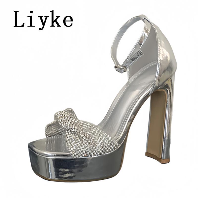 

Fashion Liyke Summer Fashion Crystal Rhinestone High Heels Platform Sandals For Women Design Pleated PVC Square Toe Wedding Banquet Shoe 35 серебряный