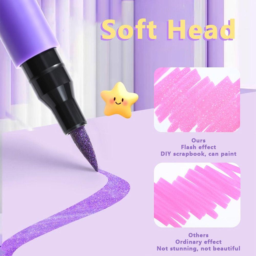 Glitter Colored Marker Pen Soft Head Painting Glitter Pen Colorful Fluorescent Pen  Students Use