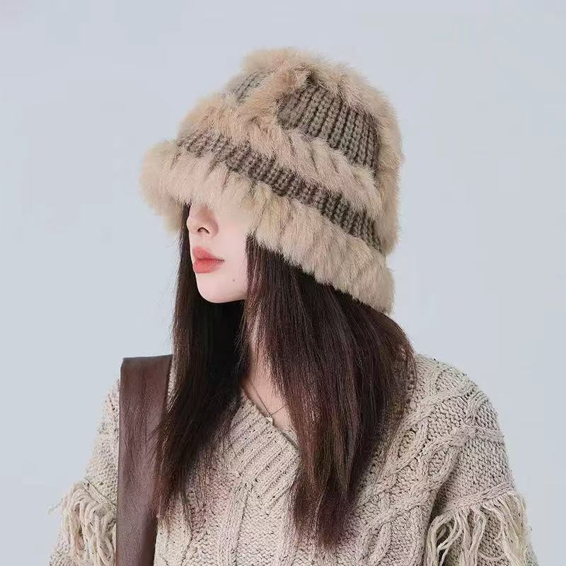 Plush Bag Head Showing Face Small Fur Bucket Hat Bag Face Knitted Hat Women'S Autumn And Winter Warm Wool Hat Cold