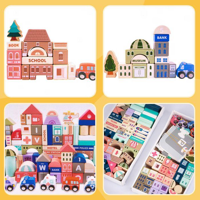 Kinderplay 115 pcs Cubes Bois Ville &amp; Route – Jeu Construction Éducatif dès 2 Ans – Green Series KP8464