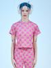 DILETTANTISME Check Rabbit Crop T-Shirt (Orange + Pink)