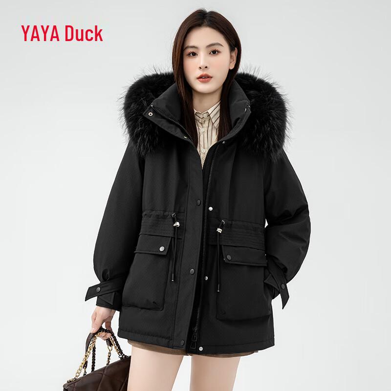 YAYA 2024 Women's Mid-Length Down Jacket with Fur Collar Hood