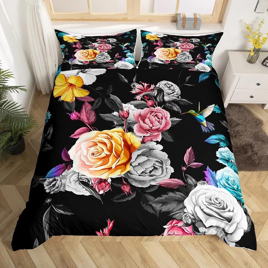 Pink Peony Duvet Cover Set Tulips Flowers Comforter Cover For Girls Women TwinFlorals Blossoms Botanical Plants Bedding Sets