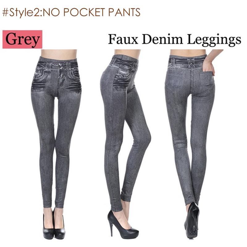 Women's High - Waisted Denim - Look Leggings With Faux Pockets And Contrast Stitching Black S