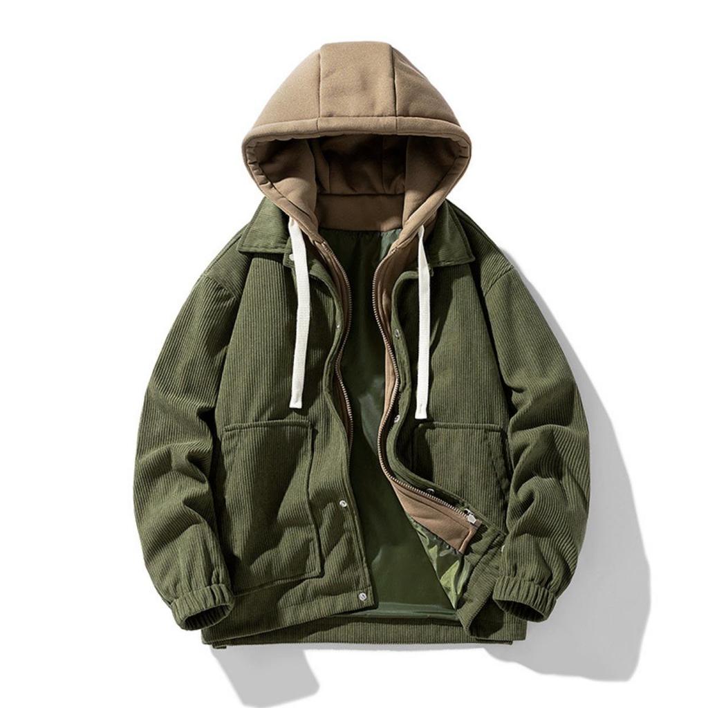 Cordjacke mit Kapuze für Paare mit dickem Samt für Herbst und Winter Herren Fake-Zweiteiler Hoodie-Jacke