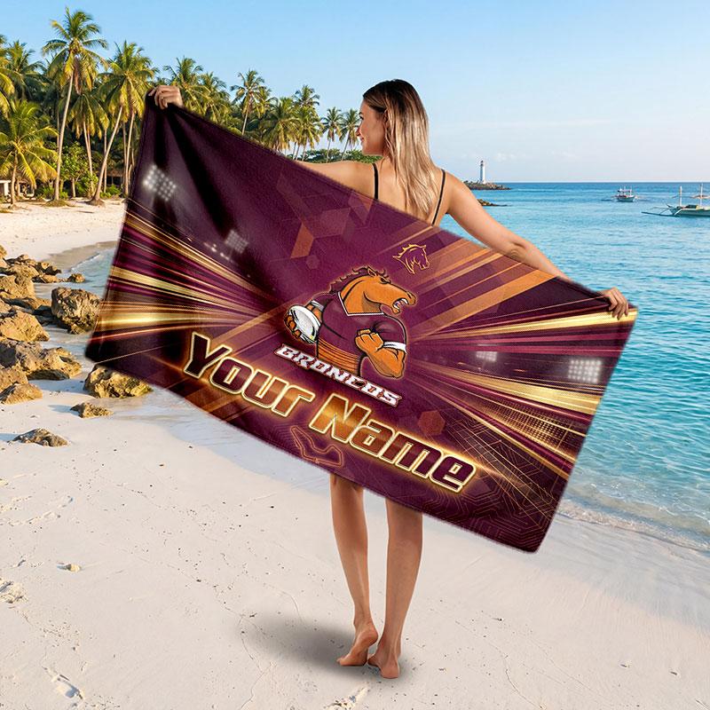 Brisbane Broncos Customized Name Text Beach Towel, Soft Absorbent Towel Beach Pool Travel Personal Gift