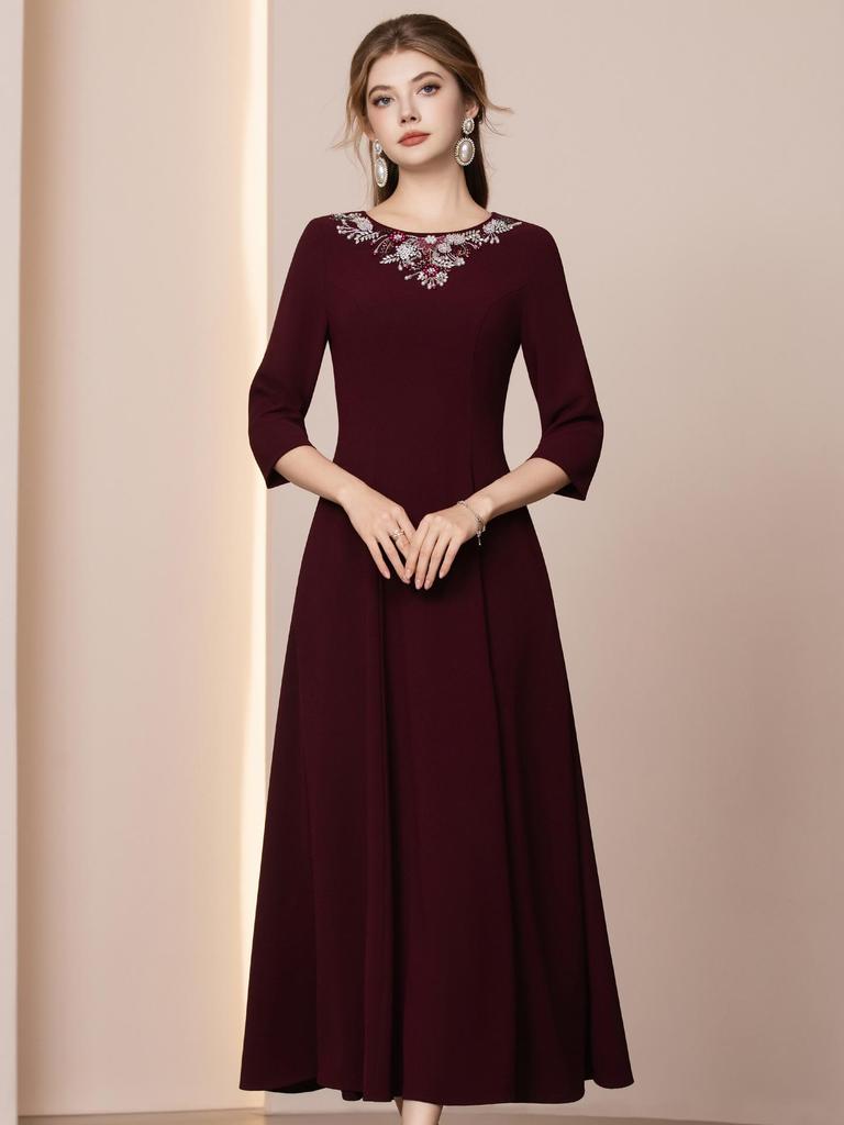 Zhilian Angola Red Handmade Rhinestone Seven-Sleeve High-Waist A-Line Long Dress (Spring 2026)