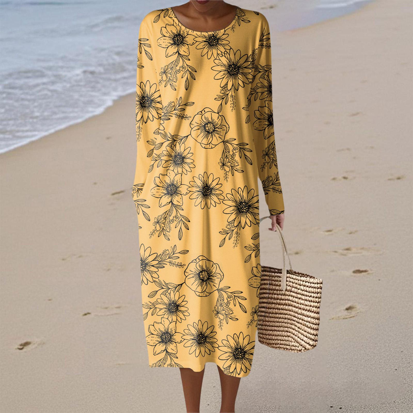 

Women s Fashion Casual Long Sleeve Floral Print Round Neck Pocket Elegant Temperament Dress S