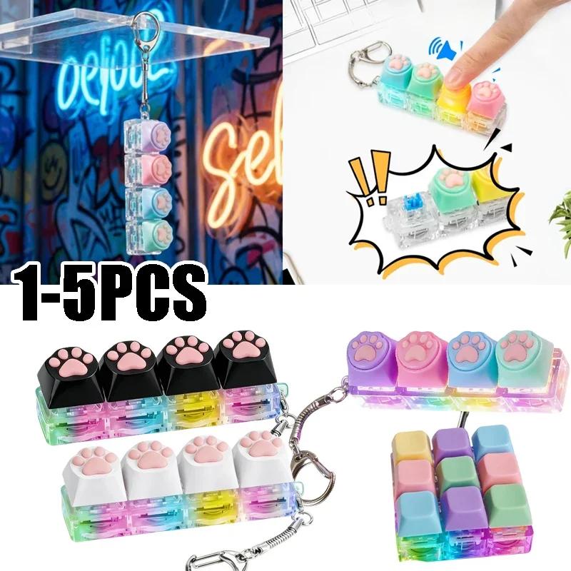 Cat Paw Glow Keychain Fidget Toy Light-Up Silicone Keyboard Button Stress Reliever Portable Clicker Keyring for Anxiety Desk