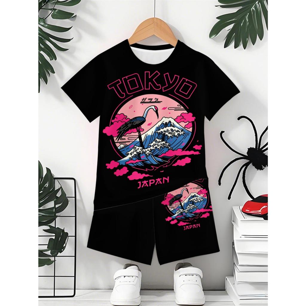 Boys' casual fashion sports outdoor set | 3D printed pattern, round neck short sleeved T-shirt and shorts