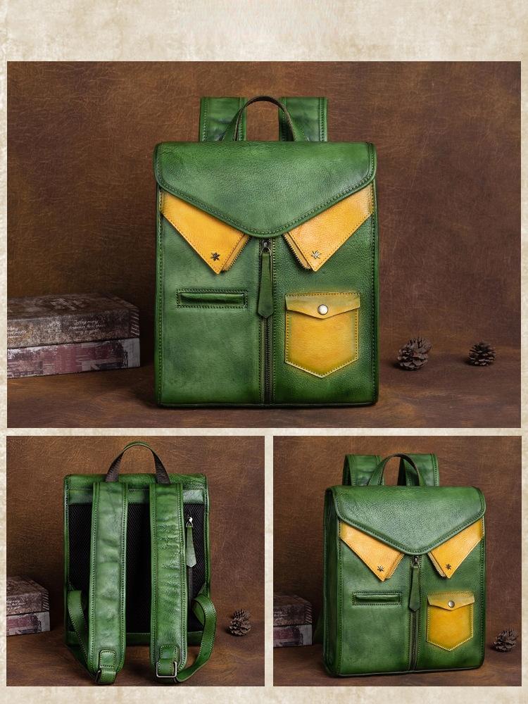 Johnature Vintage originální kožený batoh Dámská taška Volný čas Velkokapacitní cestovní taška z pravé hovězí kůže Kreativní batohy