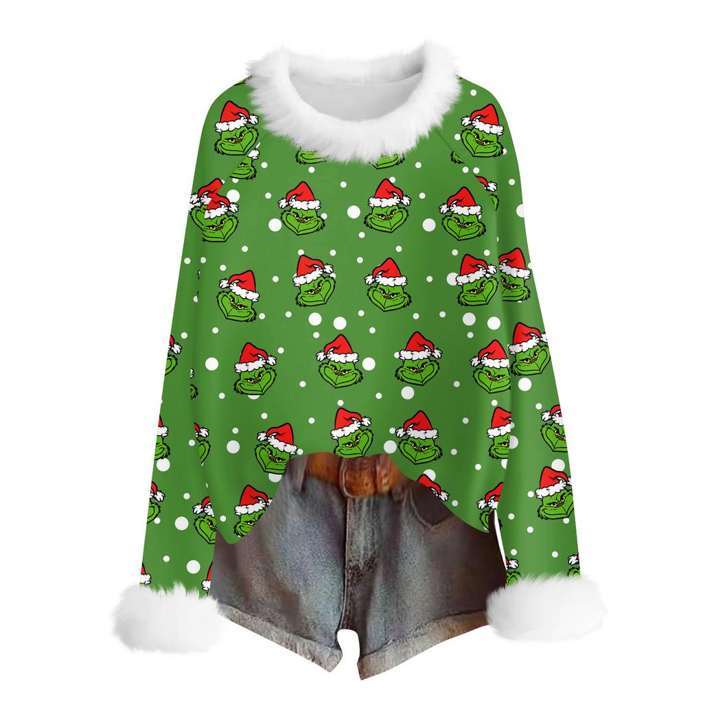 Women's Fashionable Christmas Printed Round Neck Long Sleeved Casual Pullover T-shirt Top