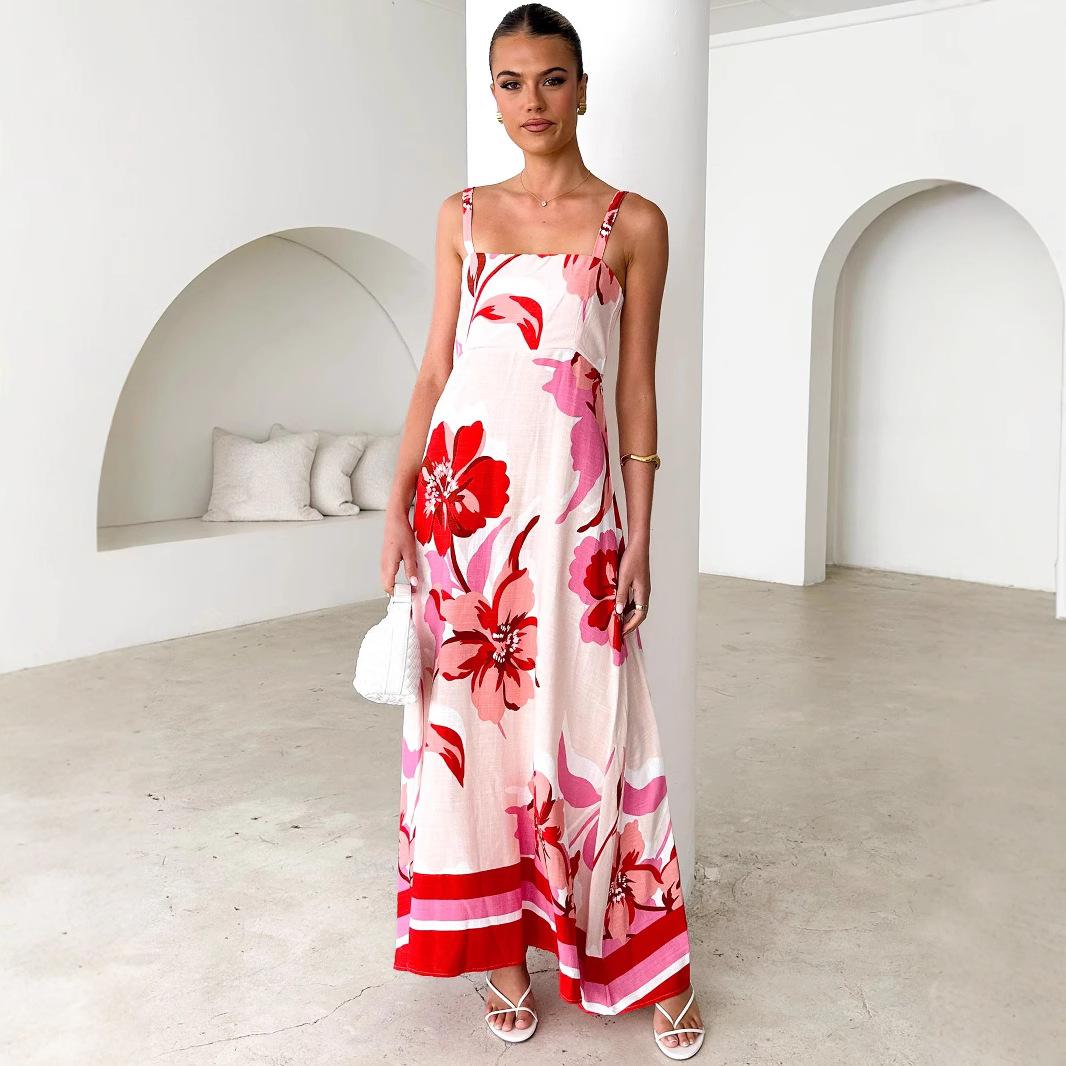 

Женское летнее платье в стиле бохо с цветочным принтом, бретельками на тонких бретельках, квадратным вырезом, оборками, повседневное струящееся платье А-силуэта для пляжной вечеринки, длинное платье-сарафан без рукавов для женщин XL