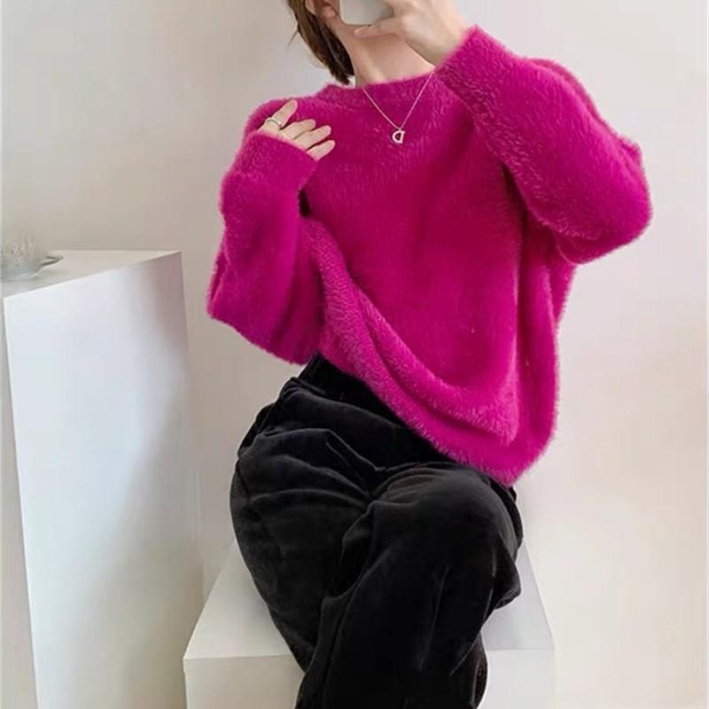 Soft Fuzzy Faux Mink Knit Sweater Women Round Neck Loose Fit Long Sleeve Pullover Cozy Oversized Mid-Length Top In