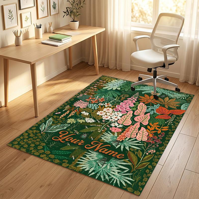 Floral Garden Theme Crystal Velvet Rug Personalized Custom Name Text Soft Floor Mat Home Decor