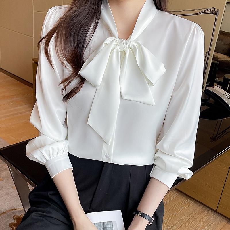 Spring and Summer New Ladies Long Sleeve Chiffon Ribbon Gentle Shirt