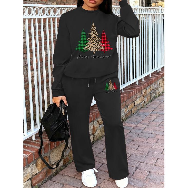 Women's Crewneck Sweatshirt & Drawstring Straight-Leg Pants 2-Piece Set, Printed Women's Outfit, Fall/Winter Sweatshirt Suit