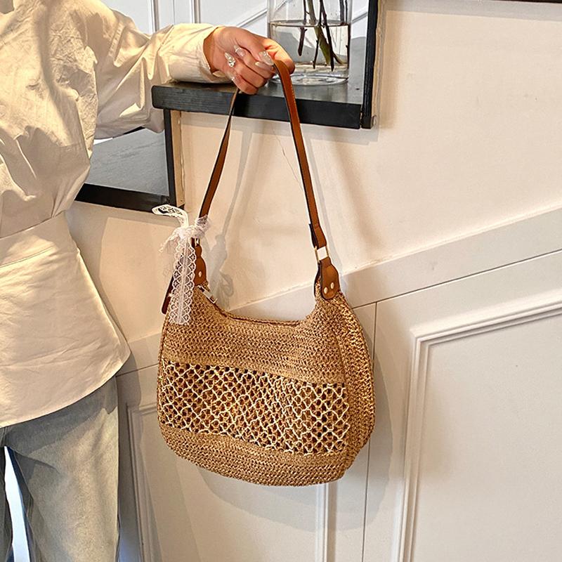 Yogodlns Women Hollow Shoulder Bag Large Capacity Straw Weaving Travel Handbag Adjustable Strap Shopper Tote Bag