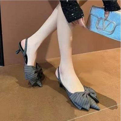 Nya Populära Randiga Rosetter Dammulor Spetsig Tå Låg Klack Bakrem Pumps Eleganta Vardagliga Bekväma Högklackade Sandaler