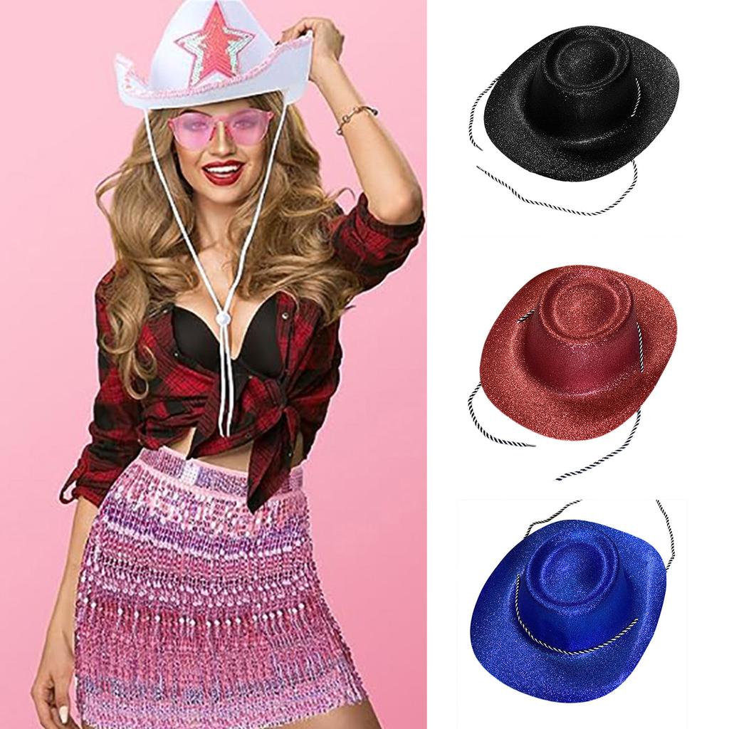 Glittering Powder Cowboy Hat for Women Men Wide Brim Role Play Cowgirl Hat Carnival Party Props Bachelorette Party Wear