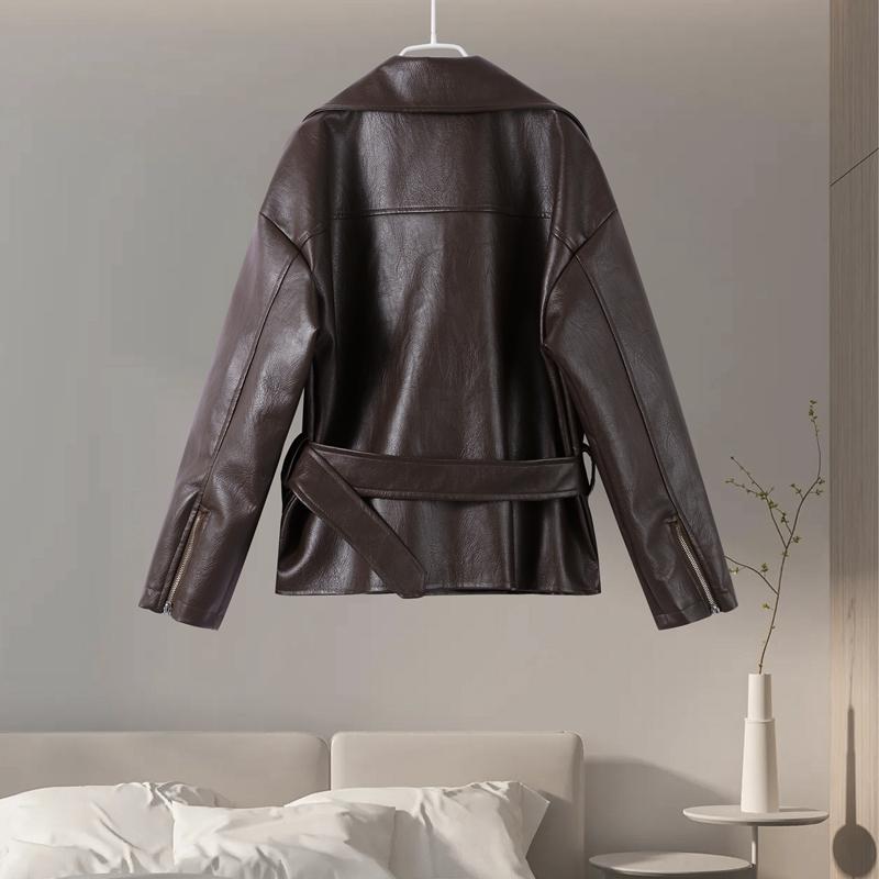 Zipper Lapel Lace-up Loose Leather Jacket Women's Motorcycle Style Short Jacket Fashion Streetwear Autumn 2025