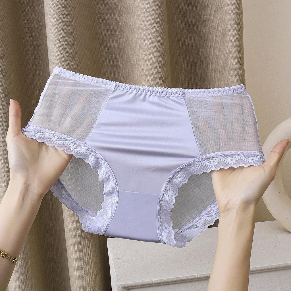 Women's Mid-Waist Ice Silk Lace Underwear - Summer Mesh Satin, Sexy Solid Color with Cotton Crotch