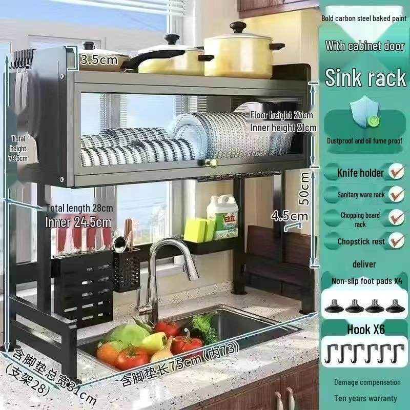 Multi-functional Kitchen Sink Cabinet Rack: Dustproof Countertop Storage for Bowls, Plates, and Dishes with Drainage.