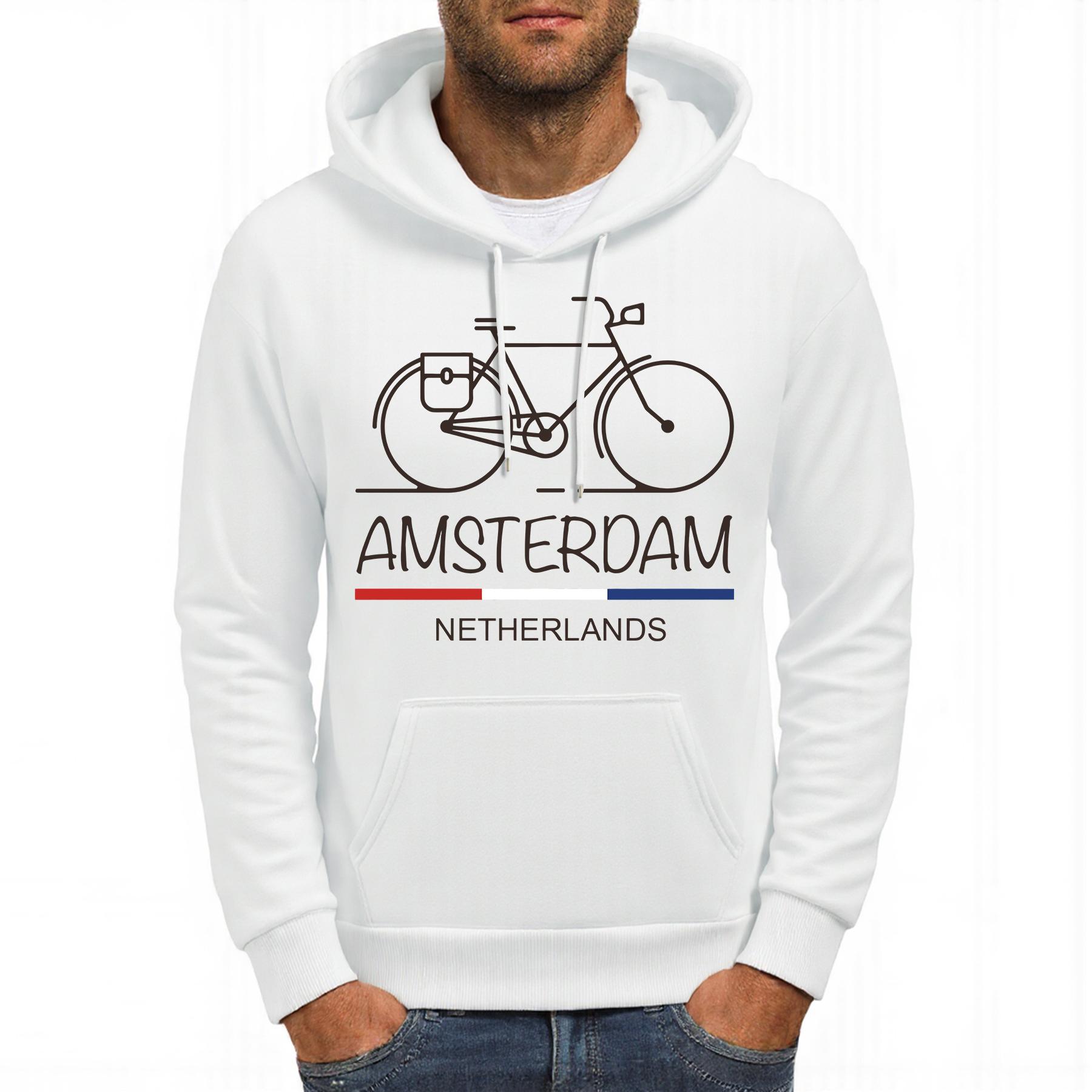 GUOYAN TOP Amsterdam Nederland Fiets Print Mannen Hoodie Fleece Zacht Hoody Casual Meerkleurig Pullover Comfortabel Los Streetwear XL